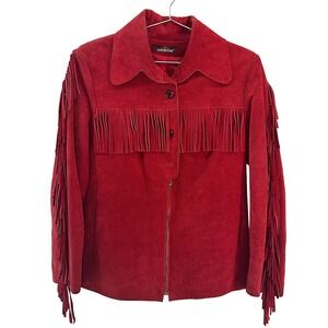 JORDACHE‎ Vintage Women's Western Boho Fringe Suede Leather Jacket • 8 • red
